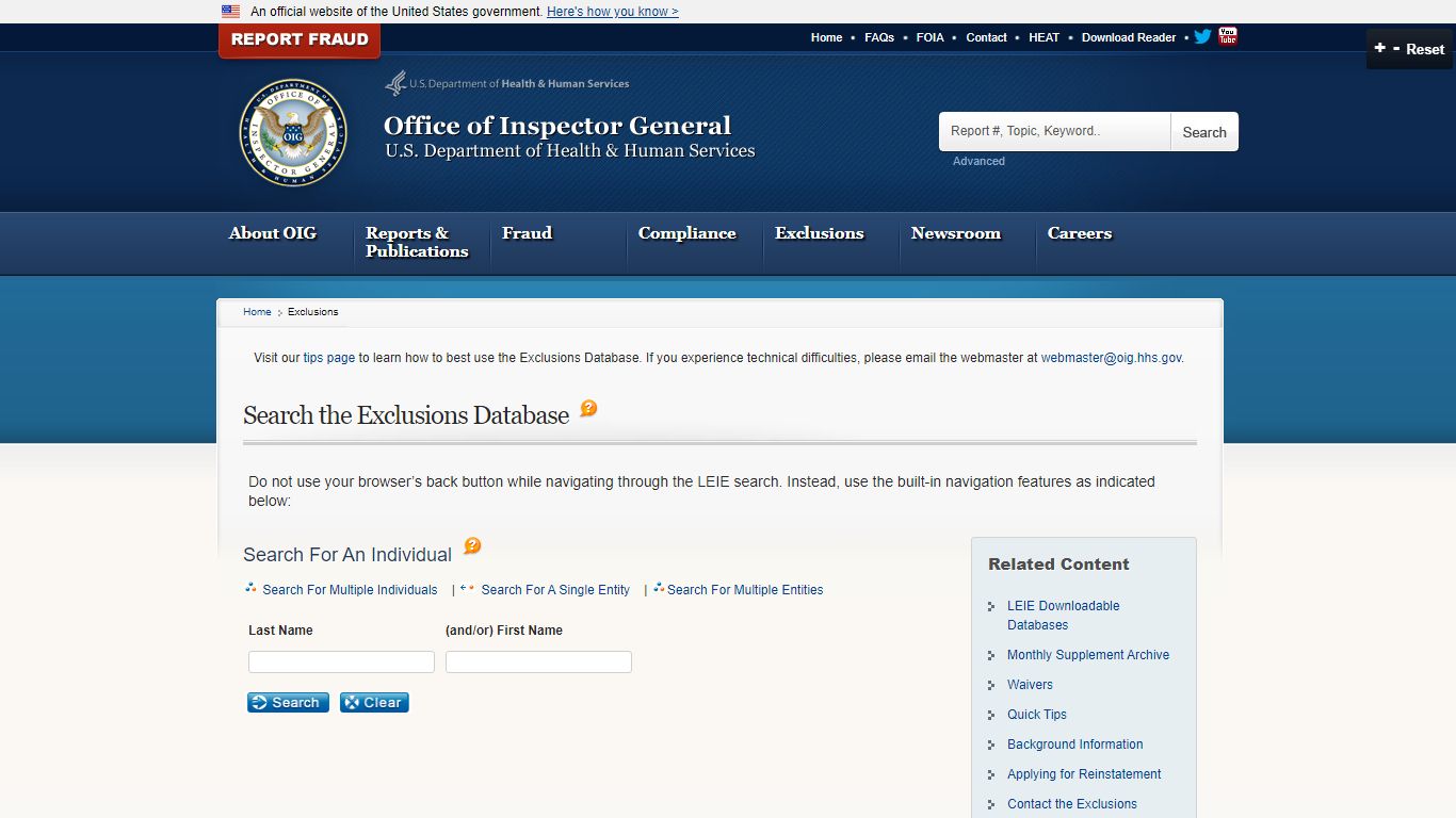 Search the Exclusions Database | Office of Inspector General